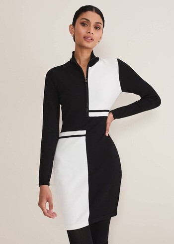 Phase Eight Arden Zip Detail Colourblock Tunic Dress Black/White Australia | AZ2348509